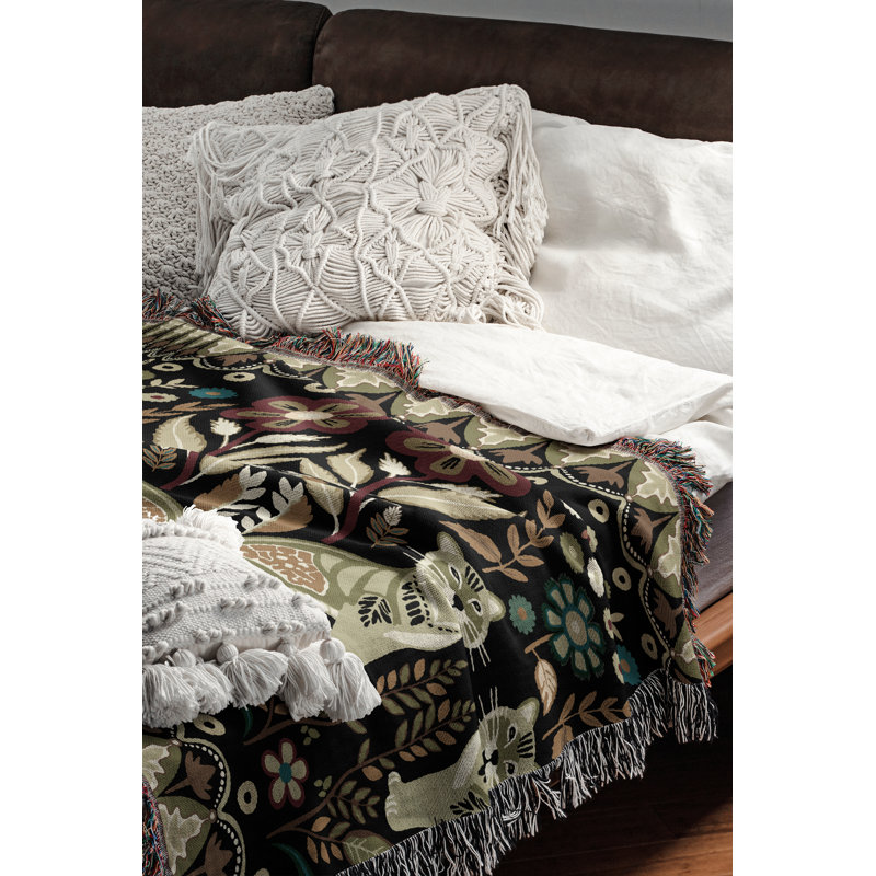 Jeté en mélange de coton Tia Folksy Tiger, L 70 po x l 50 po, Noir / vert / rouge / bleu sarcelle