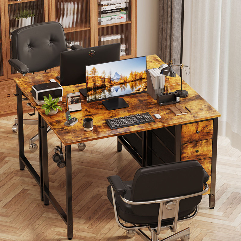 Computer Desk with 4 Drawers, Fabric Drawers Writing Desk, Brown/Black, 29.5" H x 39.4" W x 19.7" D