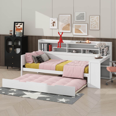 Lit de jour simple en bois avec rangement intégré, lit gigogne simple et table d'étude intégrée