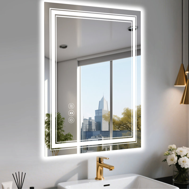 Miroir de salle de bain intelligent 28 x 20 pouces avec fonction à intensité variable (luminosité de 10% à 100%), 3 options de température de couleur (3000K, 4500K, 6000K), brouillard intégré, contrôle de l'interrupteur mural, Ul, 4Mm trempé long