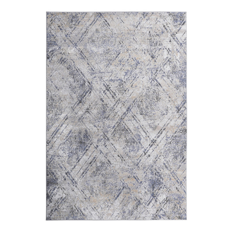 Tapis 8 x 10 bleu / gris / géométrique non délesté pour le salon, la chambre à coucher, la salle à manger et le bureau