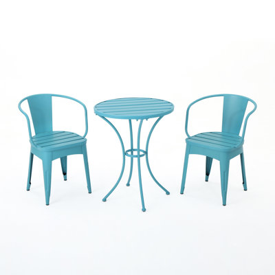 Outdoor Bistro - 3 Pc Kd Metal In Blue. Powder Coated Iron Table And Chairs For Long-lasting Use. Chair: 18/30 Inches H X 16.25/20 W 16.25/20.5 D. Table: 30 24.65 D Space, Iron. 18/30" 16.25/20"