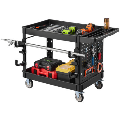 Utility Cart, 550 lbs Capacity, 2 Tier Service Cart with 360° Swivel & Fixed Wheels (2 with Brakes), Heavy Duty Plastic Rolling with Tray and Pegboard, Tool Storage for Garage Warehouse, Black