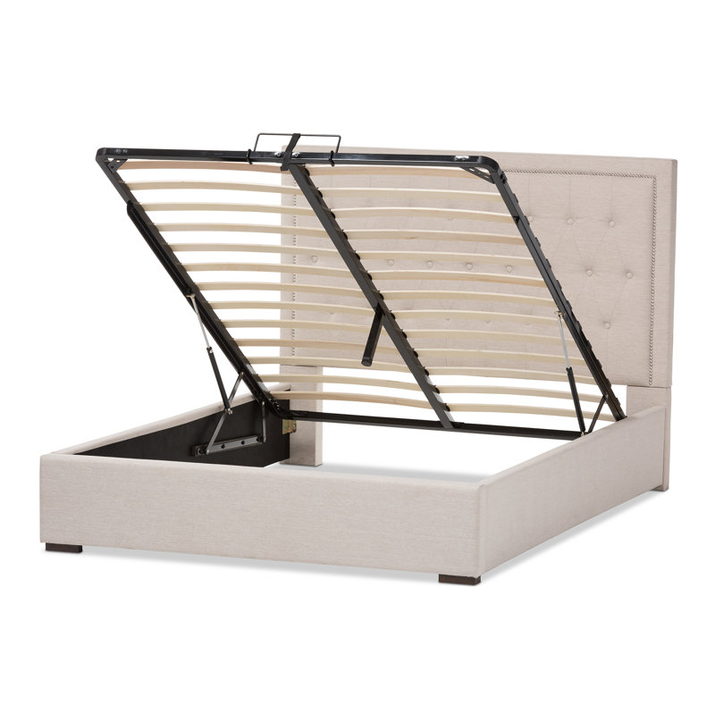 Upholstered Platform Storage Bed, Light Beige