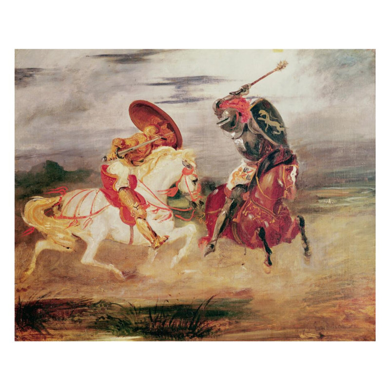 «Deux chevaliers se battant dans un paysage» par Eugène Delacroix - Estampe numérique, H 32 po x l 40 po