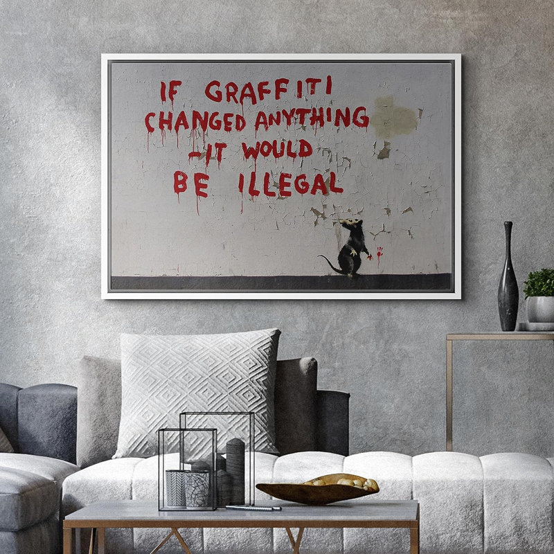 «Banksy Graffiti Changed N'importe quoi avec rat sur toile», art textuel, H 24 po x l 36 po x P 1,5 po, Cadre flottant blanc