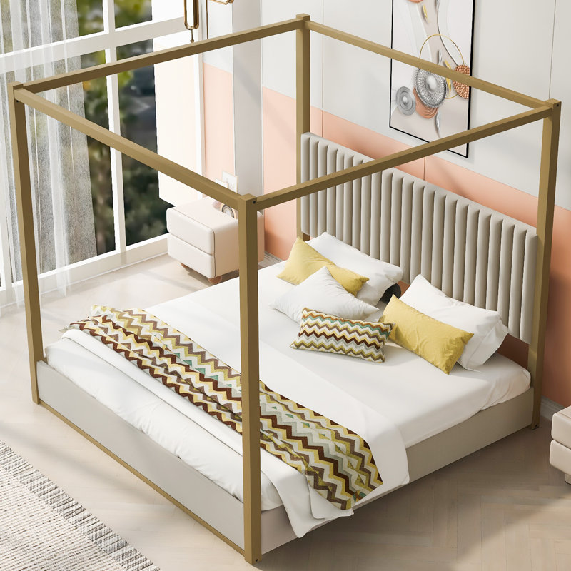 Upholstery Canopy Platform Bed with Headboard, Queen, Gold/Beige 