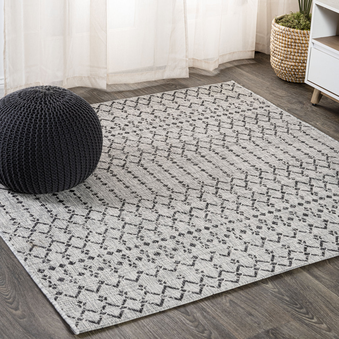 Crompton Moroccan Geometric Textured Weave Light Gray/Black Indoor/Outdoor Rug Langley Street® Rug 