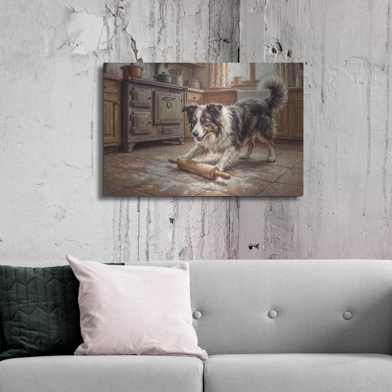  «Border Collie In The Kitchen» par Rich Monet, art mural en métal, 36 po x 24 po