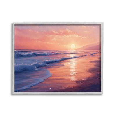 Coucher de soleil sur les vagues de la plage, estampe numérique encadrée par Imagine It Images