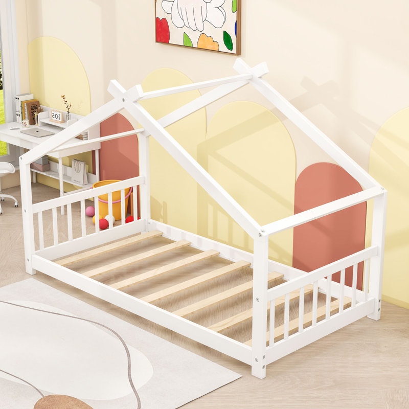 Lit maison avec toit et lattes, Simple, Blanc