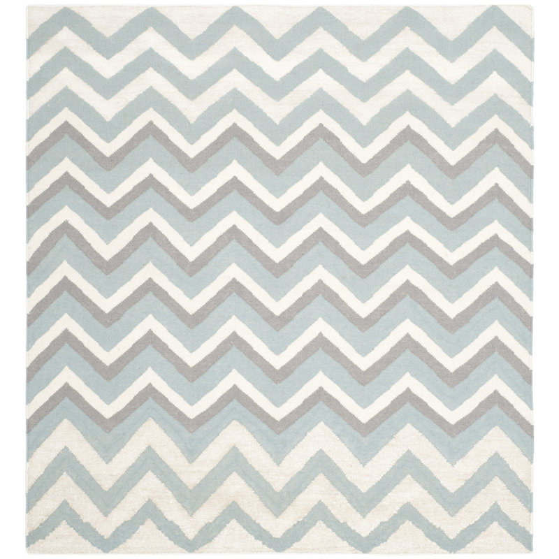 Naomi Hand Woven Flat Weave Wool/Viscose/Cotton Chevron Rug in Blue, Square 6'