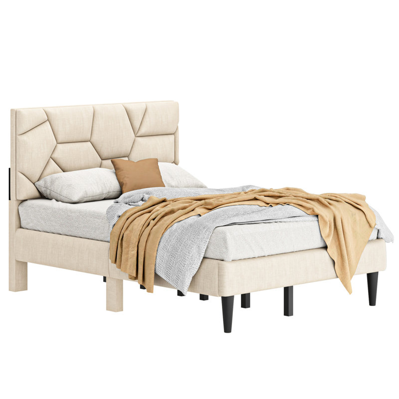 Structure de lit double beige avec rangement - Robuste, silencieuse, sans sommier, tête de lit en lin utilisateur et lit double stable et polyvalent