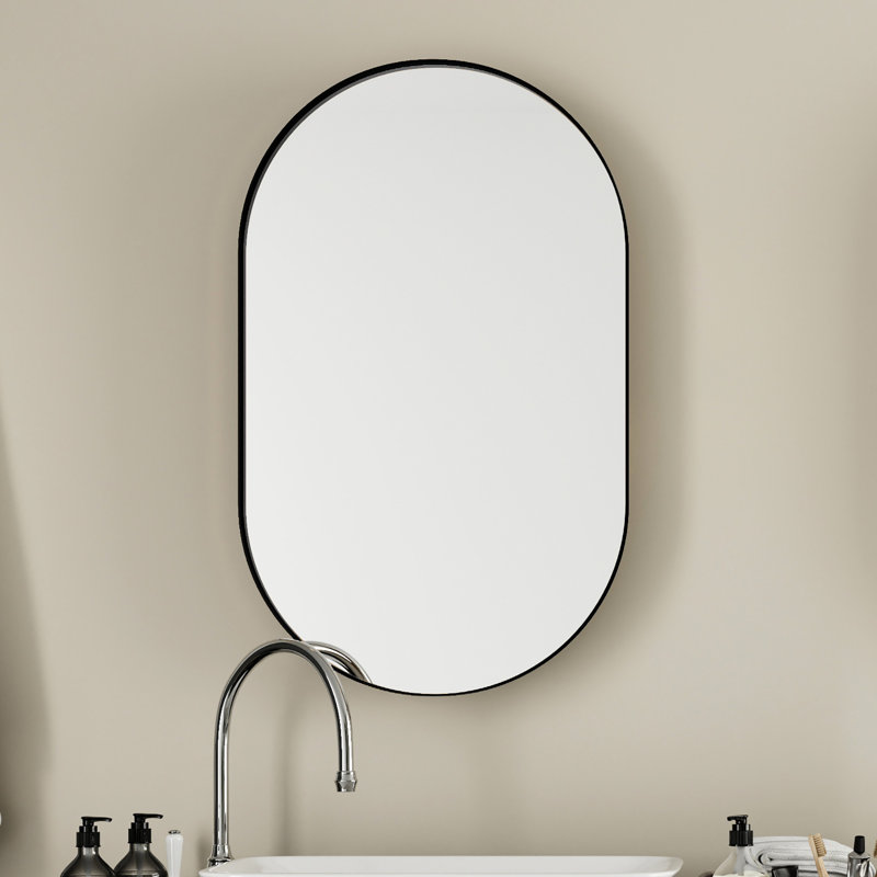 Armoire de salle de bain 20 po x 34 po avec tablettes réglables, cadre ovale encastré, cadre et miroir en métal noir mat, armoire de rangement ovale de style classique, miroir, solution pratique pour miroir