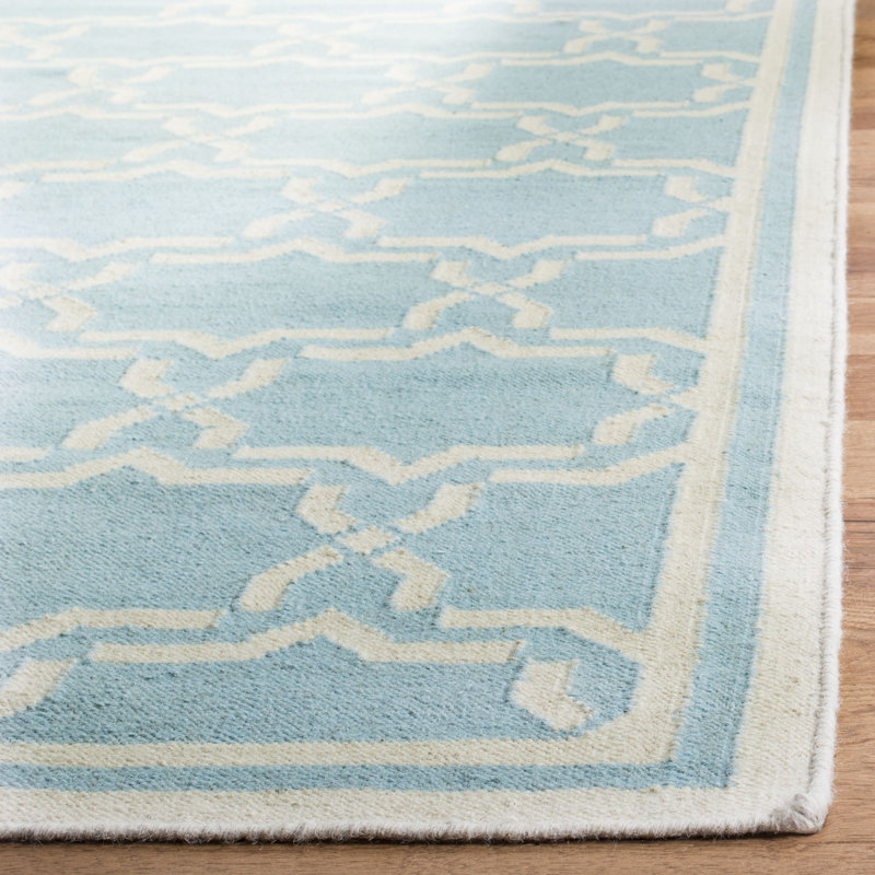 Rodgers Hand Woven Flat Weave Wool/Cotton Geometric Rug in Light Blue/Ivory, Square 6'