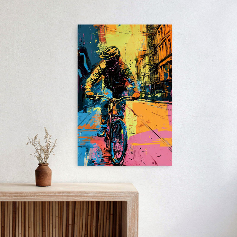 «Vibrant City Cyclist Contemporary Mountain Architecture», reproduction d'art murale, H 24 po x l 16 po