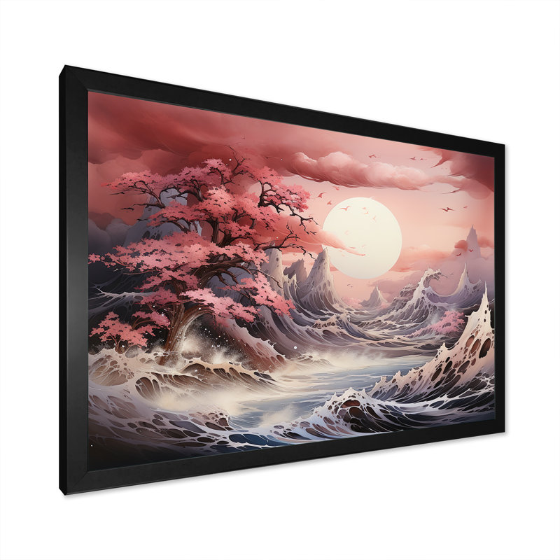 Paysage de tempête océanique du Japon sur toile, Cadre simple noir, H 24 po x l 32 po x P 1 po