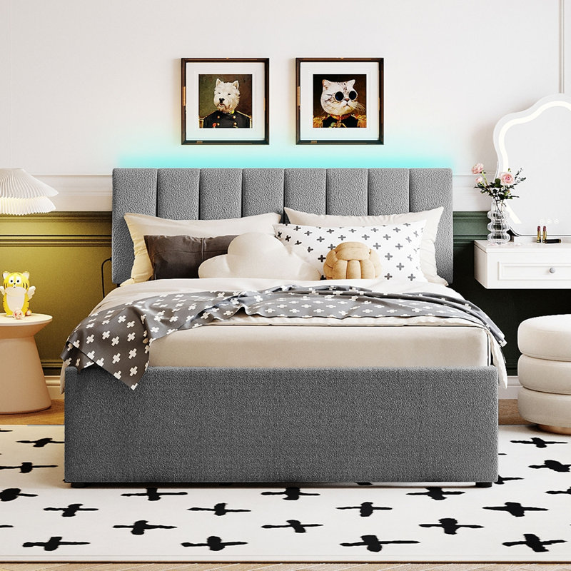 Lit plateforme tapissier avec gigogne Teddy, Grey, Full