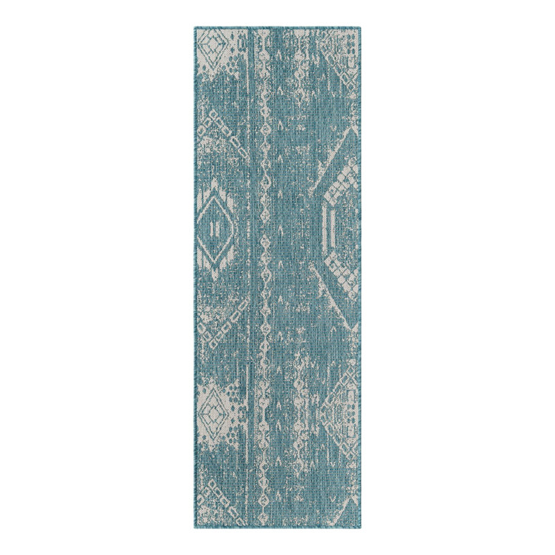 Medford Geometric Machine Woven Rectangle Polypropylene Indoor / Outdoor Area Rug in Light Aqua/Ivory, Runner 2' x 6'1"