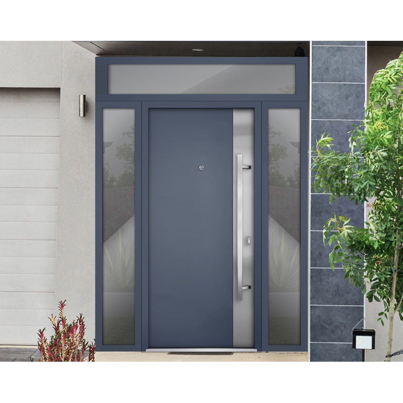 Porte avant en acier pré-suspendue à l'avant / deux gris graphite 0729/2 fenêtres extérieures latérales et supérieures / inserts en acier inoxydable peints simples modernes - l 16 + 36 + 16 po x H 80 + 16 po - Gauche