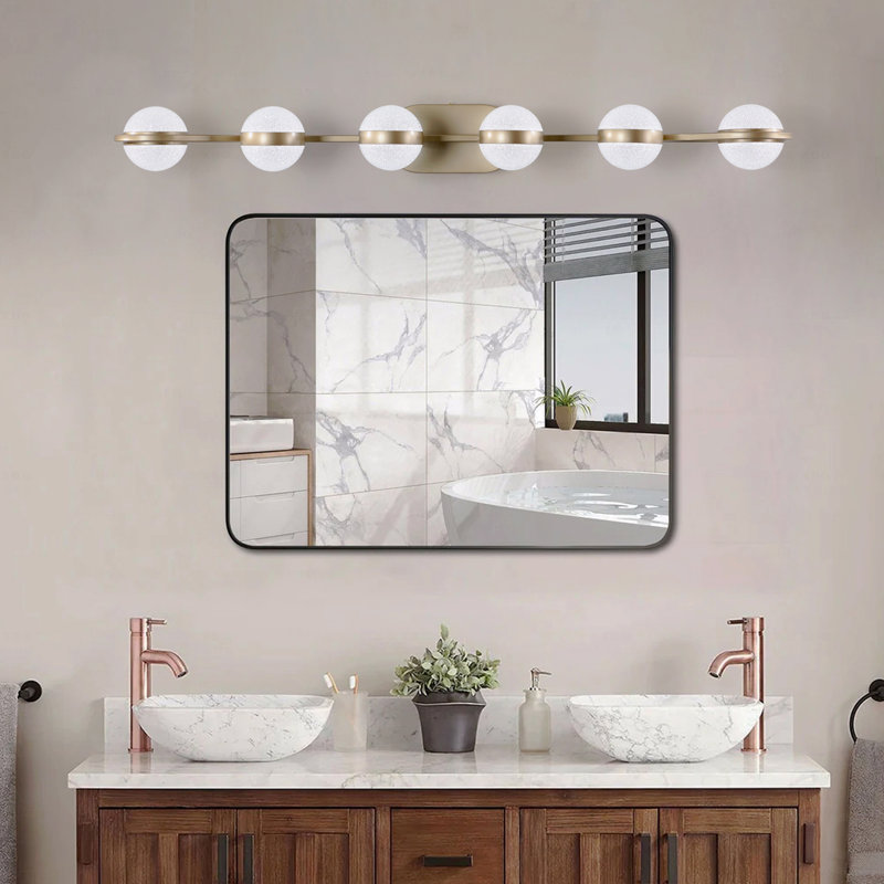 Luminaire de salle de bain 43 po minimaliste doré avec fonction d'éclairage à DEL pour abat-jour de salle de bain avec abat-jour en acrylique sable cristal, configuration murale à 6 lumières