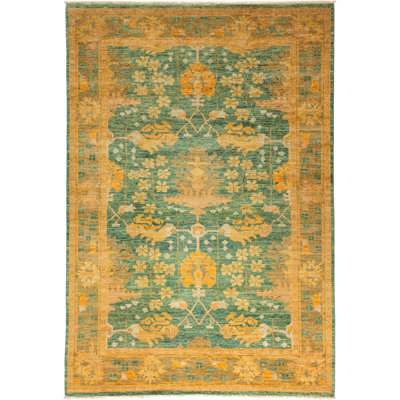 Tapis sarcelle / jaune noué à la main de l'artisanat unique en son genre