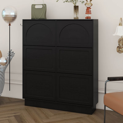 Modern Narrow Shoe Cabinet With 6 Flip-Down Drawers, Space-Saving Entryway Organizer, Adjustable Shelf, 3 Hooks