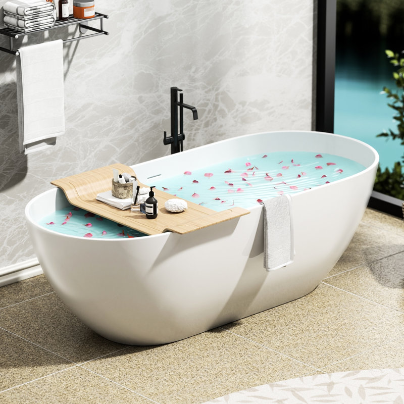 Baignoire autoportante de 63 po, trempage à surface solide, blanc mat, résine de pierre d'ingénierie, système de trop-plein, bonde escamotable, grande capacité d'eau de luxe et décoloration