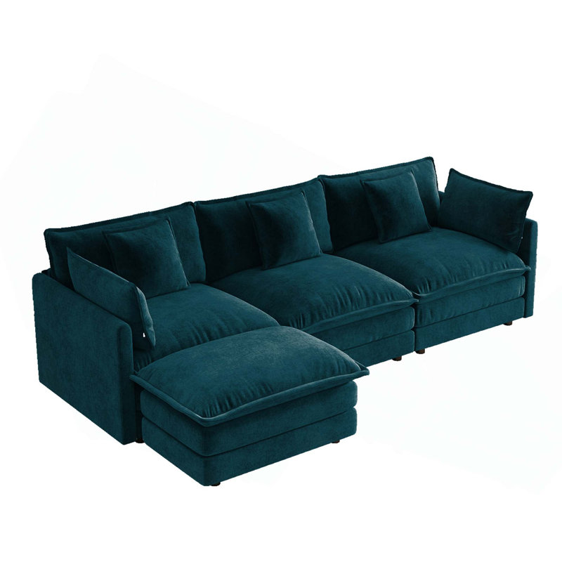 Canapé modulaire respirant à assise profonde en chenille 3 places avec 1 repose-pieds et coussins