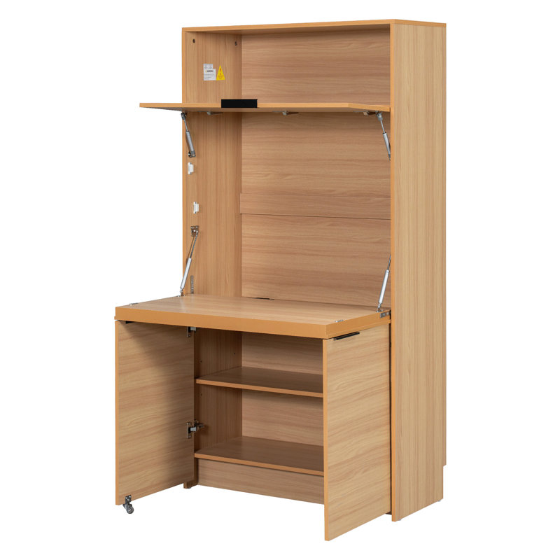 Garde-manger compact, buffet de 69 po de hauteur avec huche et poste de travail pliable, armoire de rangement multifonctionnelle avec tablette réglable et prise de courant pour la salle à manger et le salon