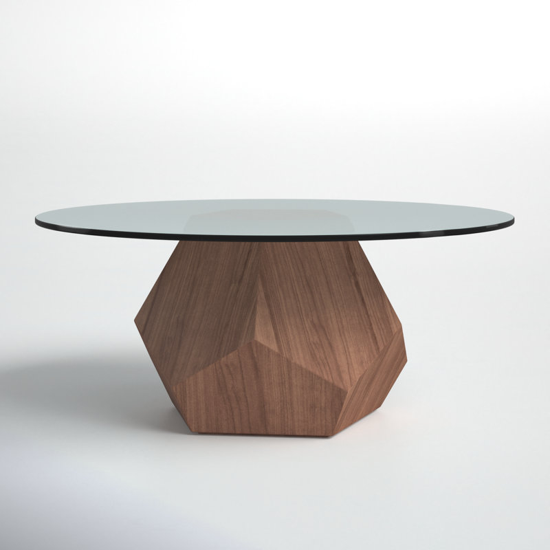 Round Smoked Glass Coffee Table with Walnut Pedestal Base