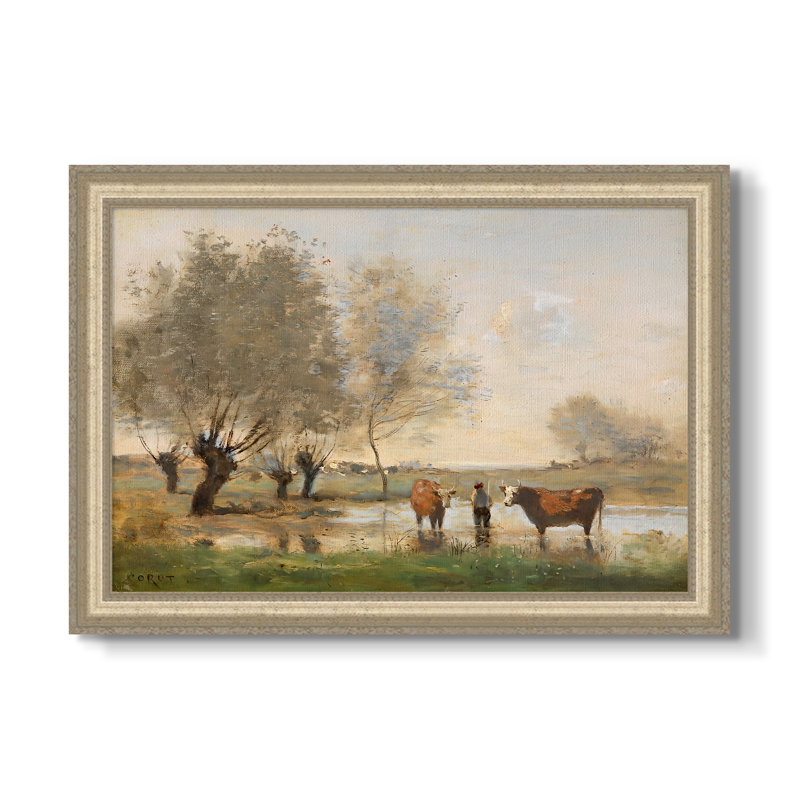 " Cows in a Marshy Landscape, c. 1873-1874-Jean-Baptiste " Oil Print, 16x22 INNER SIZE, Framed Canvas, Champagne Leaf Relief