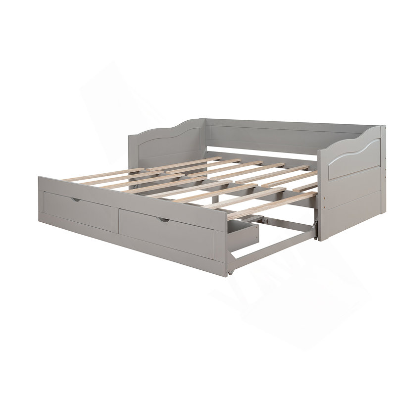 Lit de jour en bois avec lit gigogne et deux tiroirs de rangement, extensible