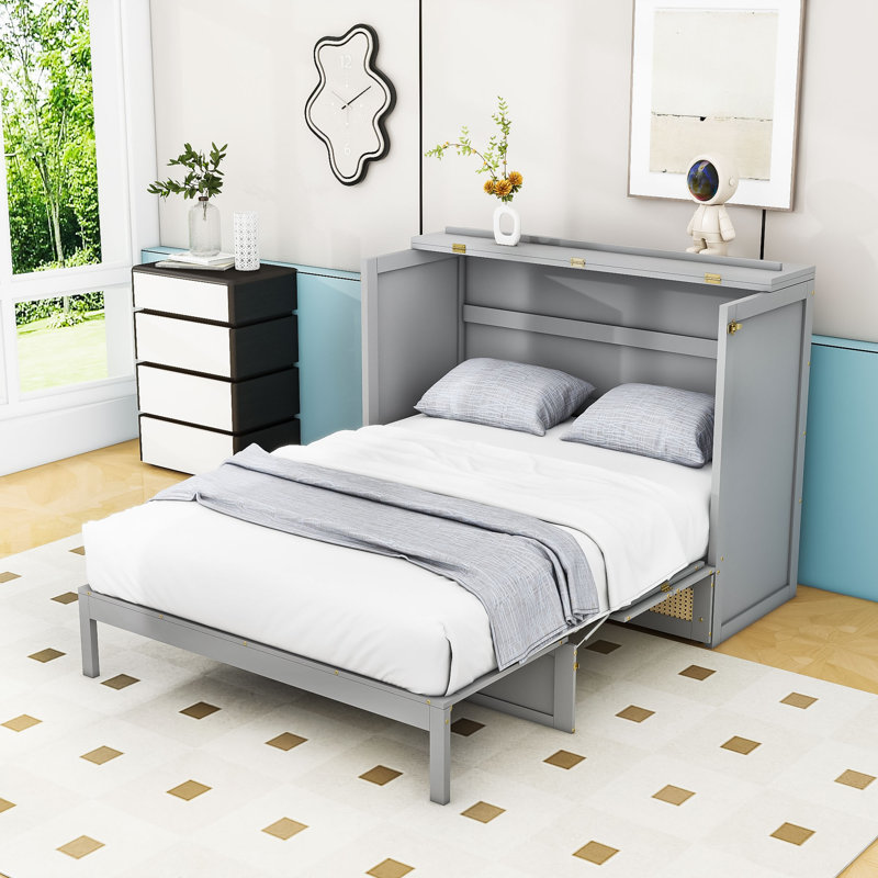 Lit escamotable double avec rangement multifonctionnel et design élégant, Espresso, Lit double