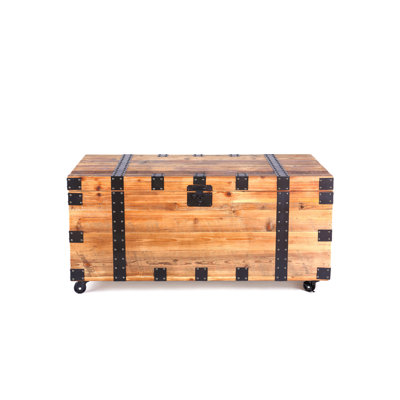 Trunk Table With Four Wheel Large Capacity Storage Coffee Table, Naturalreclaimed Wood /Black Metal