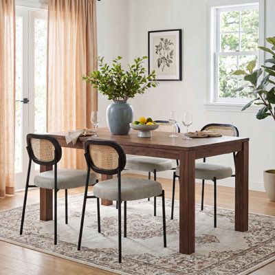 Mid Century Modern Faux Leather Upholstered Dining Side Chairs With Curved Rattan Back,Beige