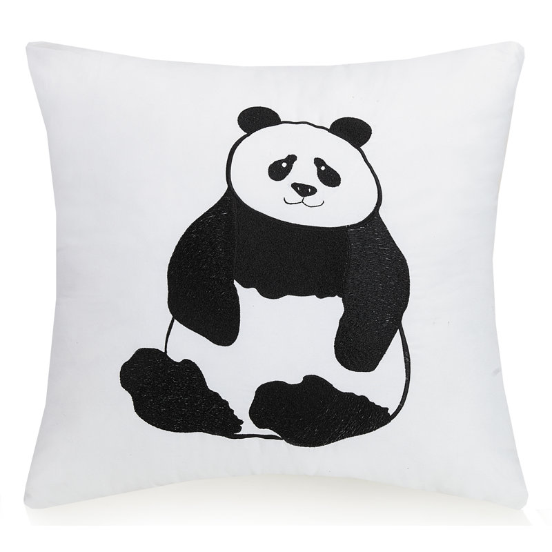 16" White and Black Embroidered Panda Pillow Set