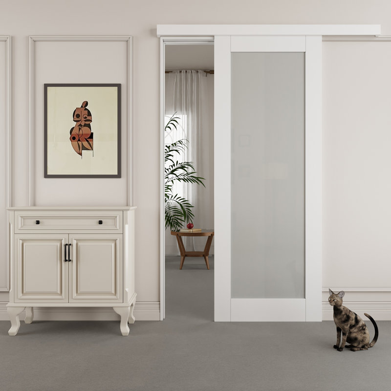 80" Hidden Style Track White Primed 1-Lite Frosted Glass Sliding Barn Door With Hardware Kit（No Assembly Required）, 32" x 80"
