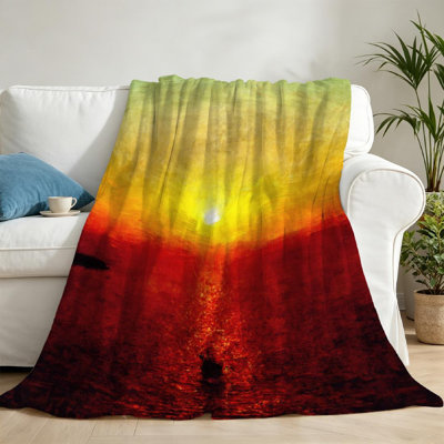 Jeté en molleton bleu flanelle ultra doux, impression couché de soleil couchant