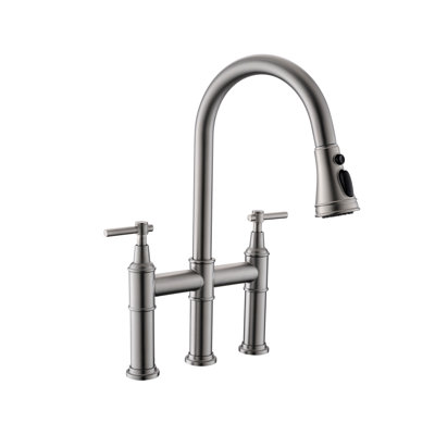 3-Hole Bridge Kitchen Faucet with Pull-Down Sprayer in Brushed Nickel