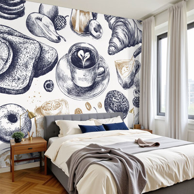 Peel and Stick Wallpaper 96" W x 69" H Modern Self Adhesive Wall Mural for Bedroom Breakfast dishes food hand drawn illustrations