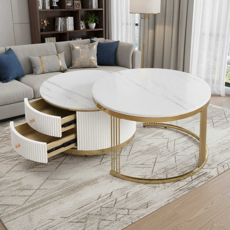 Tables basses gigognes modernes, rondes blanches, avec tiroirs