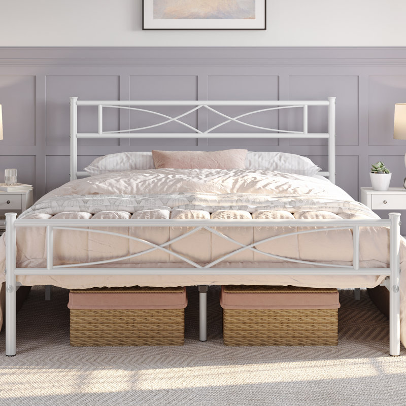 Anelis Metal Bed Frame Platform with Curved Design Headboard & Footboard, Queen, White
