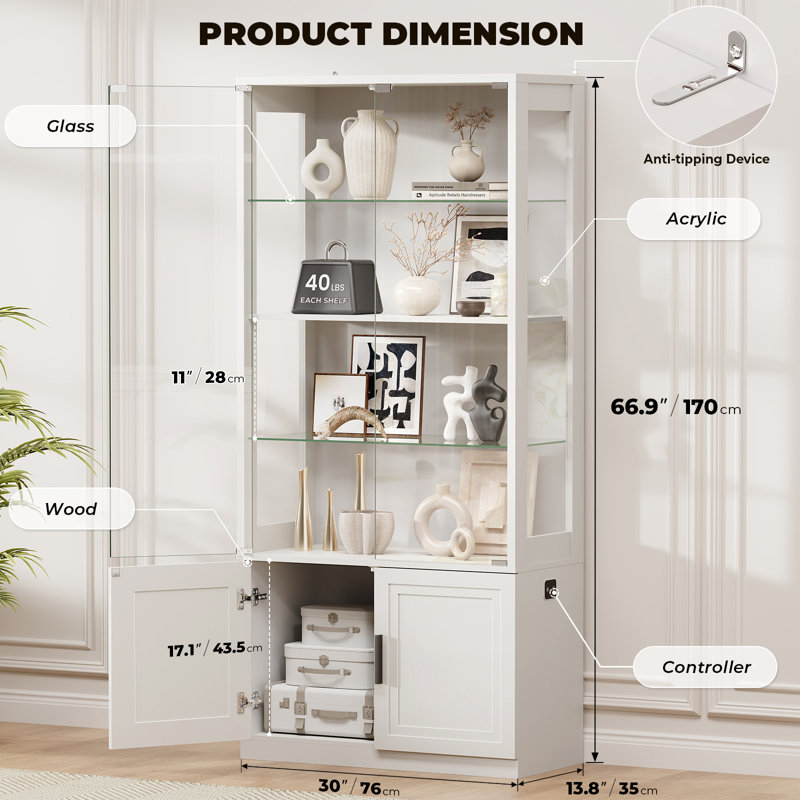 67" Display Cabinet with Glass Doors, 4-Tier Curio Cabinet with 2 Removable Glass Shelves, White