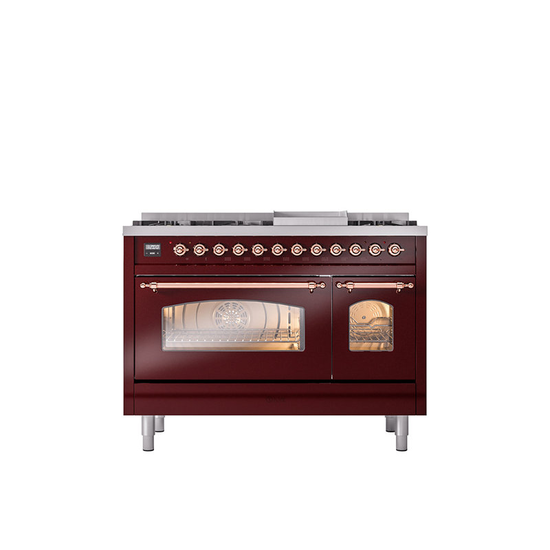 ILVE Nostalgie II Series 48 inch Dual Fuel Range with 8 Sealed Burners, Griddle (Glass Door), Burgundy/Copper, Natural Gas