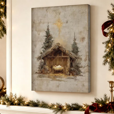 Crèche de Noël - Décoration murale Sainte Famille, impression sur toile tendue de 61 cm x 41 cm, prête à être accrochée dans le salon, la chambre ou le coin prière.