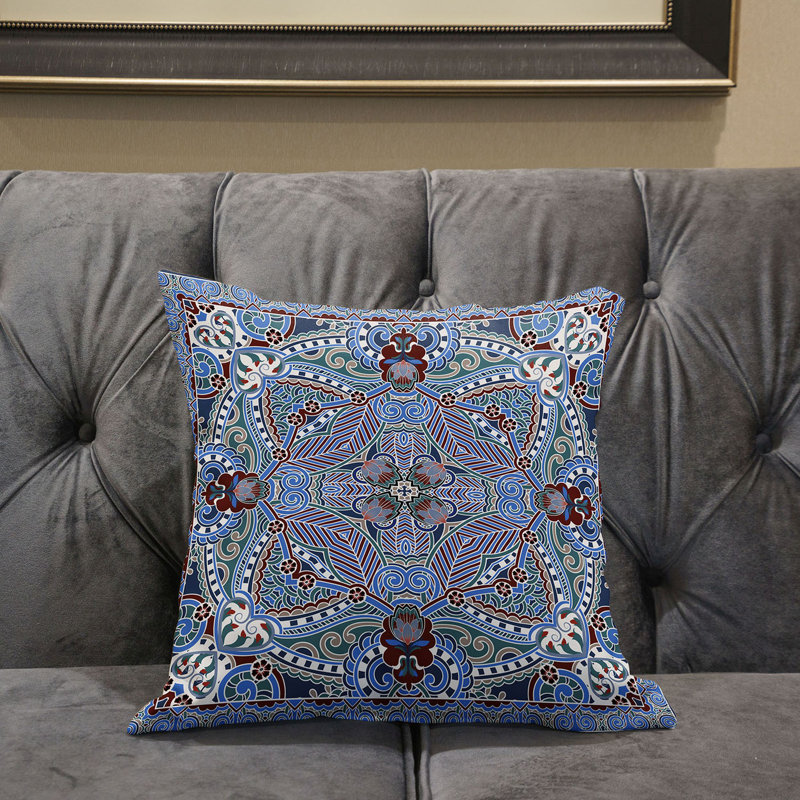 Housse et insert de coussin carré en polyester intérieur / extérieur, 16 po x 16 po, Turquoise / bleu / brun