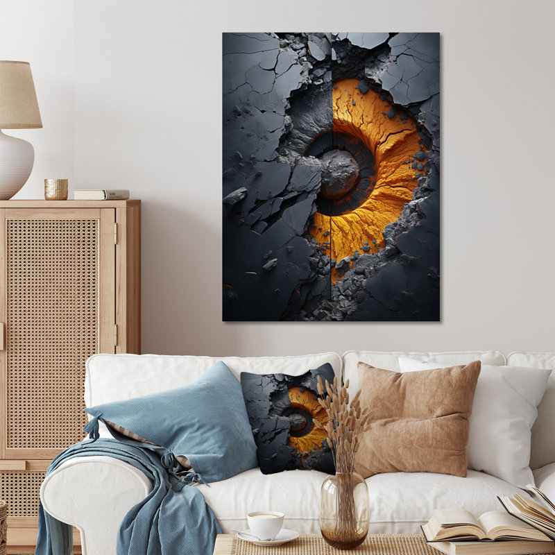 Volcan jaune et gris en spirale de lave - art mural abstrait en spirales en métal, H 32 po x l 16 po x P 1 po