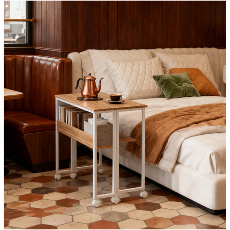 Bureau pliable avec sac de rangement, tablette et roulettes pour petits espaces, bureau à domicile, Bois naturel / blanc