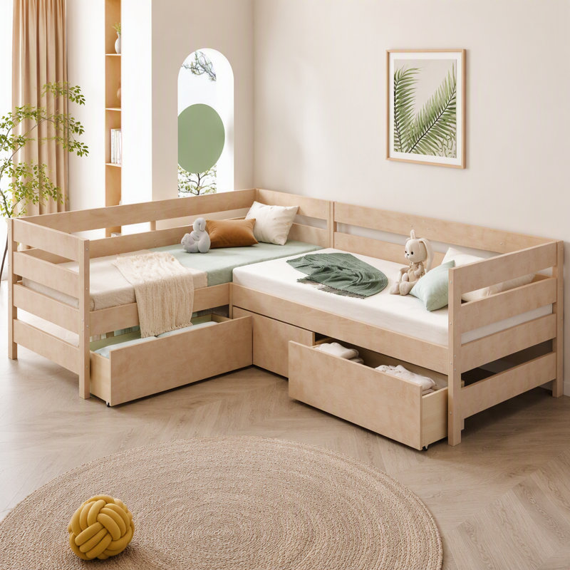 Lit plateforme simple en forme de L avec trois tiroirs de rangement, naturel